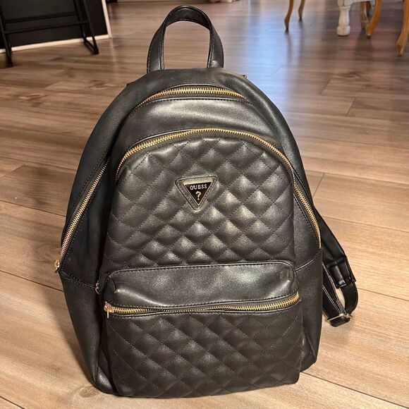 Guess Faux Leather Black Quilted Backpack‎ - Picture 1 of 9